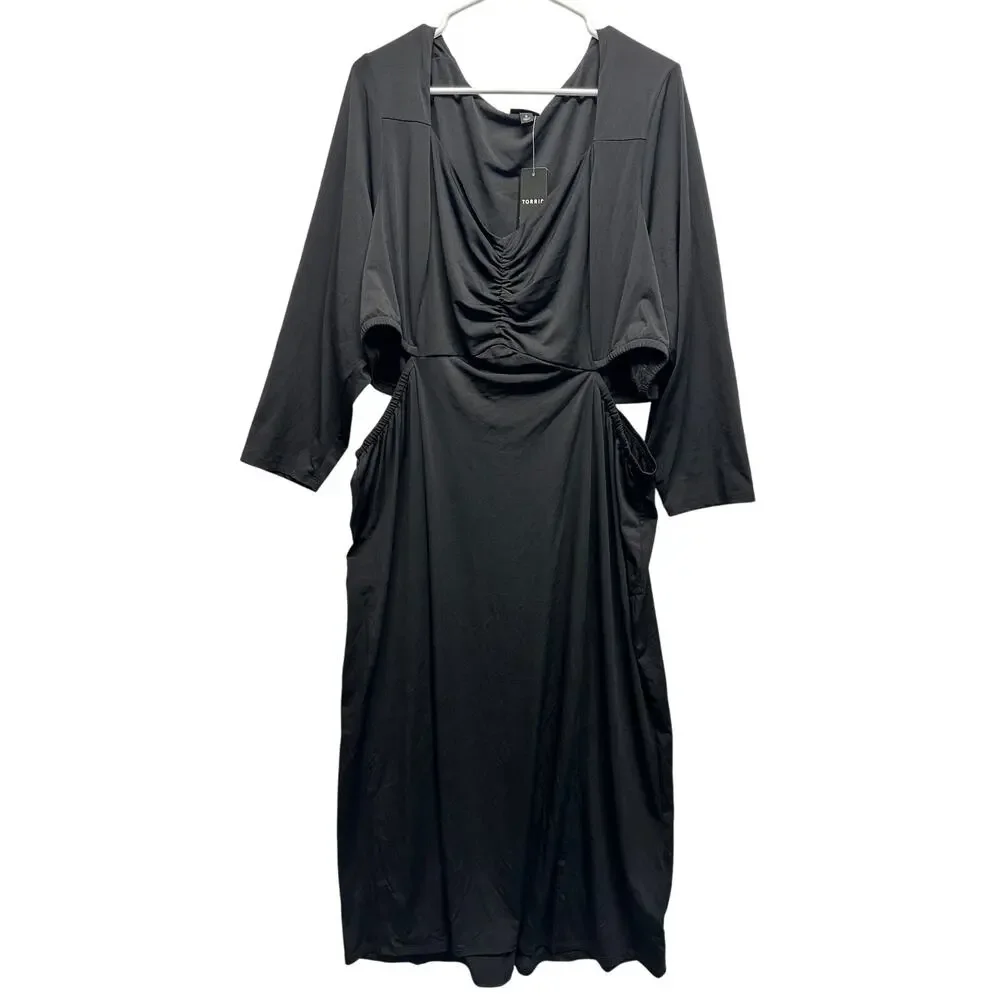 Torrid 3X Black Maxi Studio‎ Knit Dress Cutout Waist Ruched Front 22/24 NWT